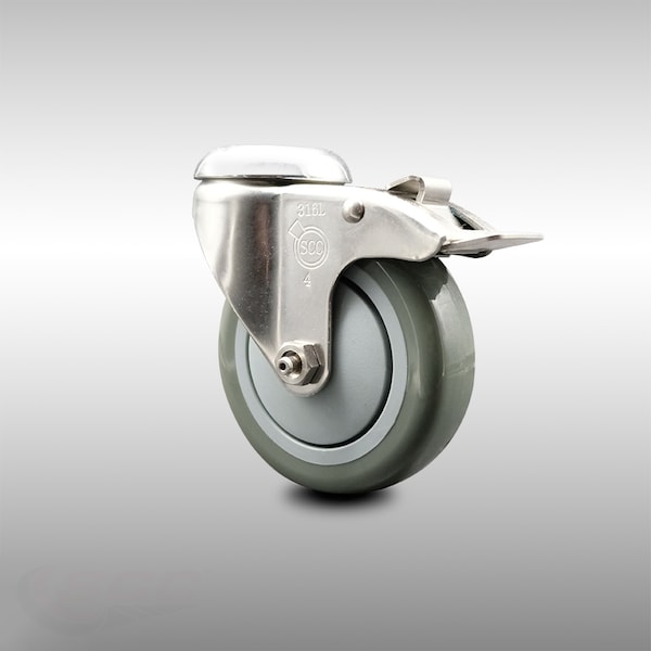 4 Inch 316SS Gray Polyurethane Swivel Bolt Hole Caster with Total Lock Brake